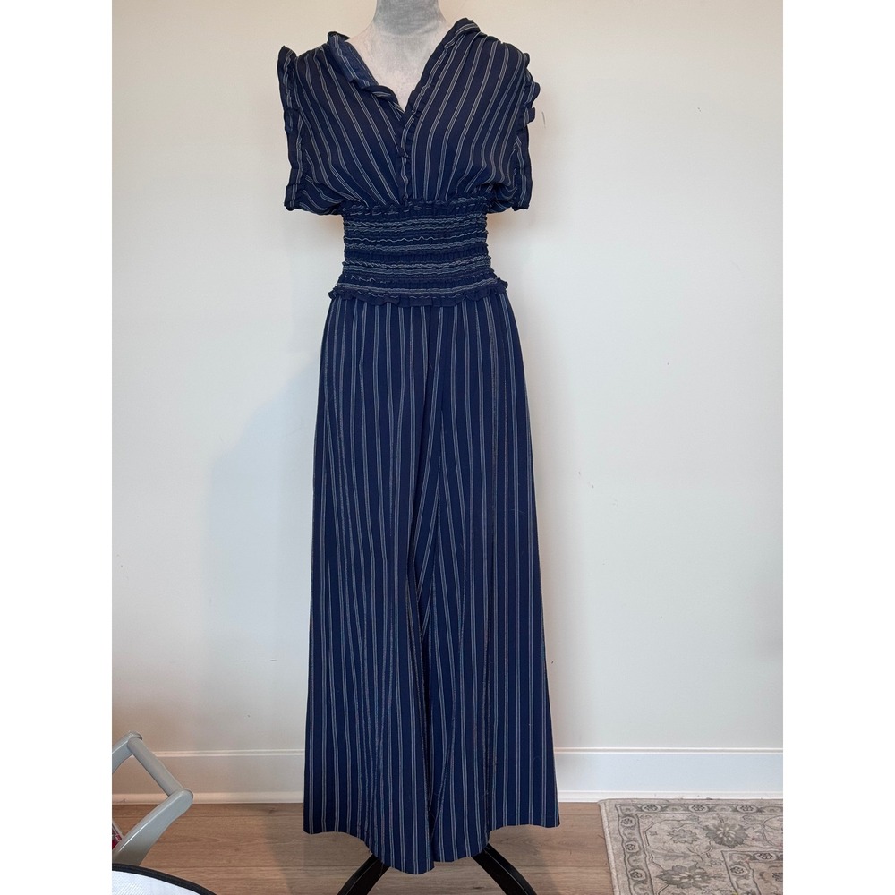 Max Studio Navy White Striped Smocked Waist Wide Leg Jumpsuit Large slimming